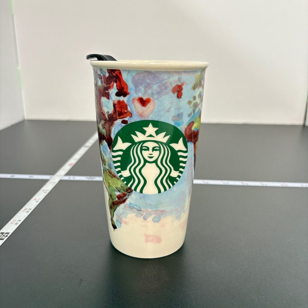 Starbucks Travel Tumbler 12oz Watercolor World Map Ceramic 2015 Shelby Kregel